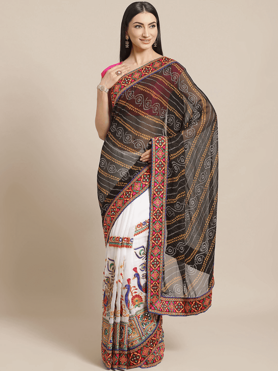 Royal Black Colour Katchi Embroidery &  Bandhani Print Saree