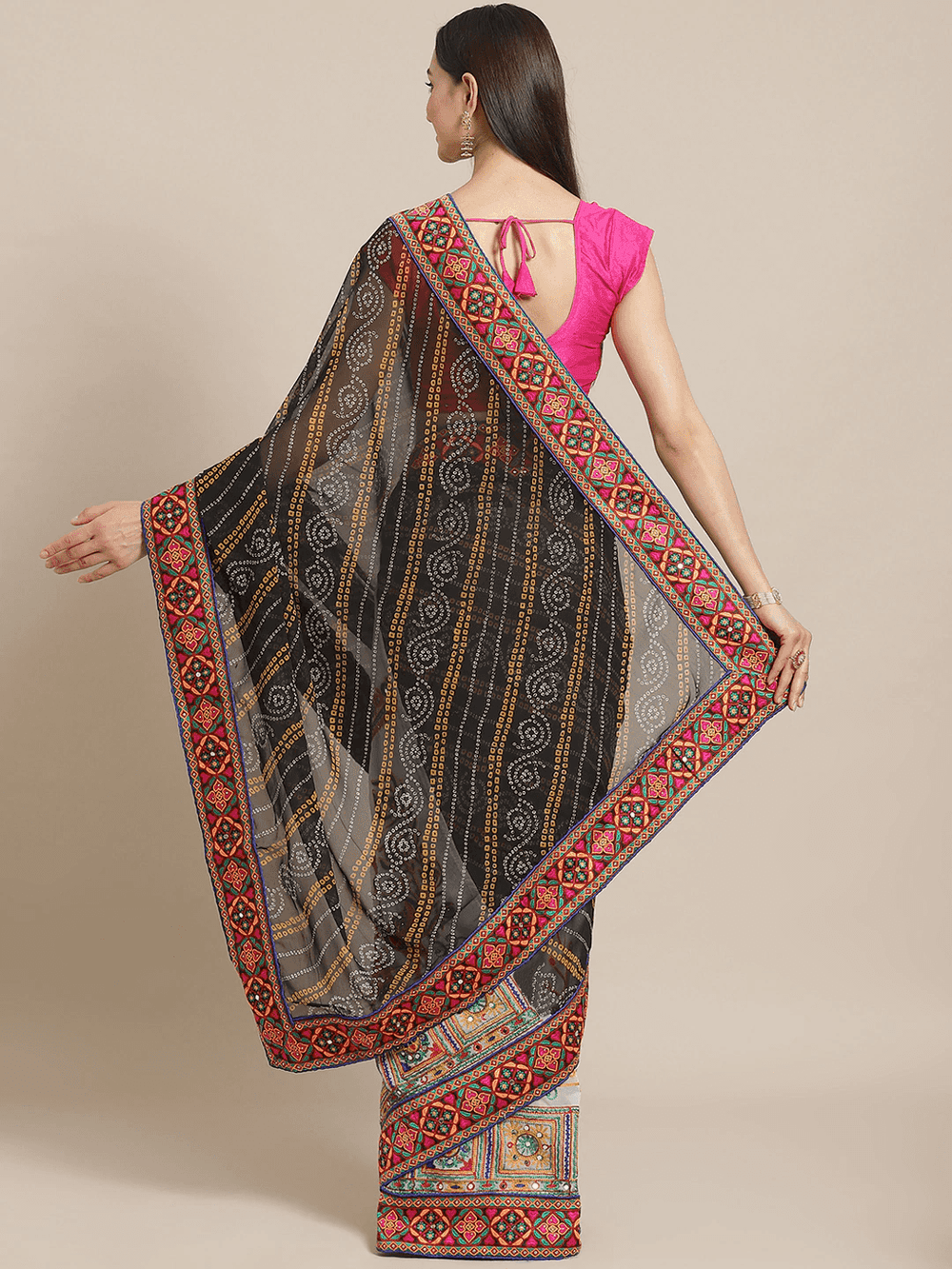 Royal Black Colour Katchi Embroidery &  Bandhani Print Saree