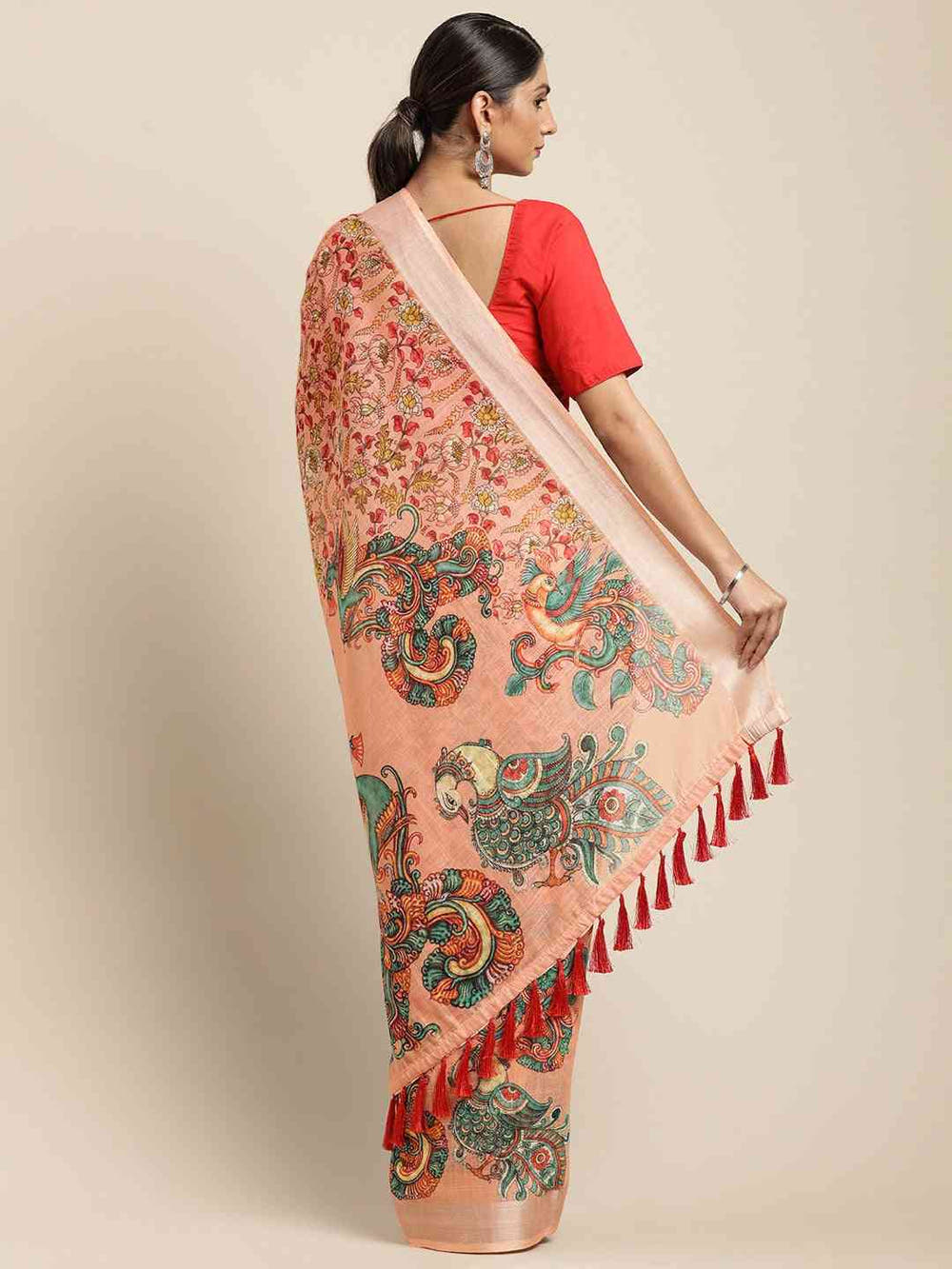 Beautiful Orange Colour Digital Print Kalamakri Design Soft Linen Saree