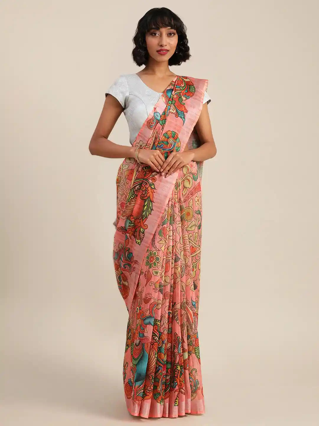 Pink Colour Kalamkari Linen Print Saree With Resham Tassel