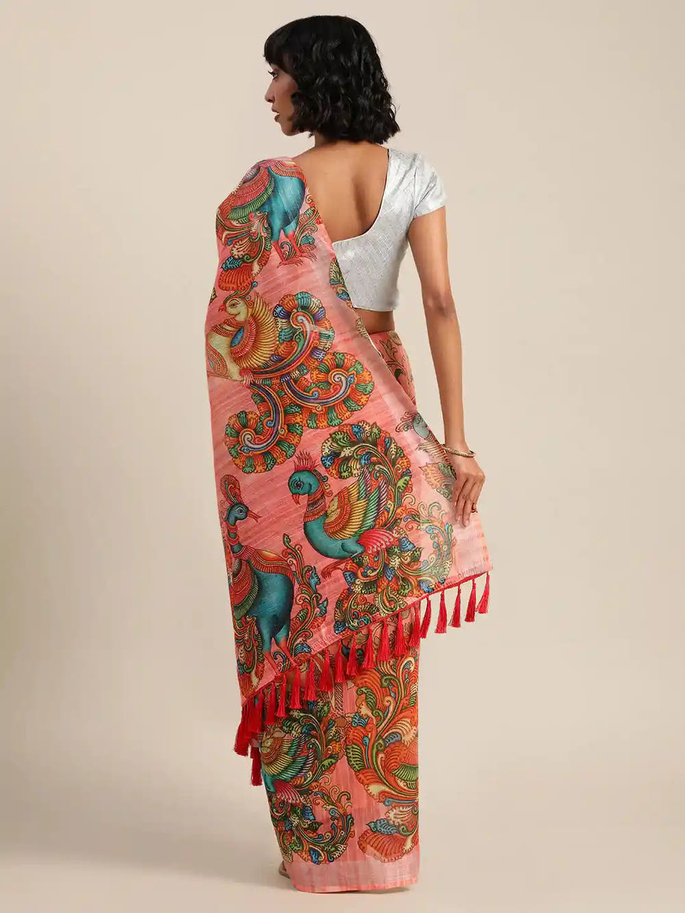 Pink Colour Kalamkari Linen Print Saree With Resham Tassel