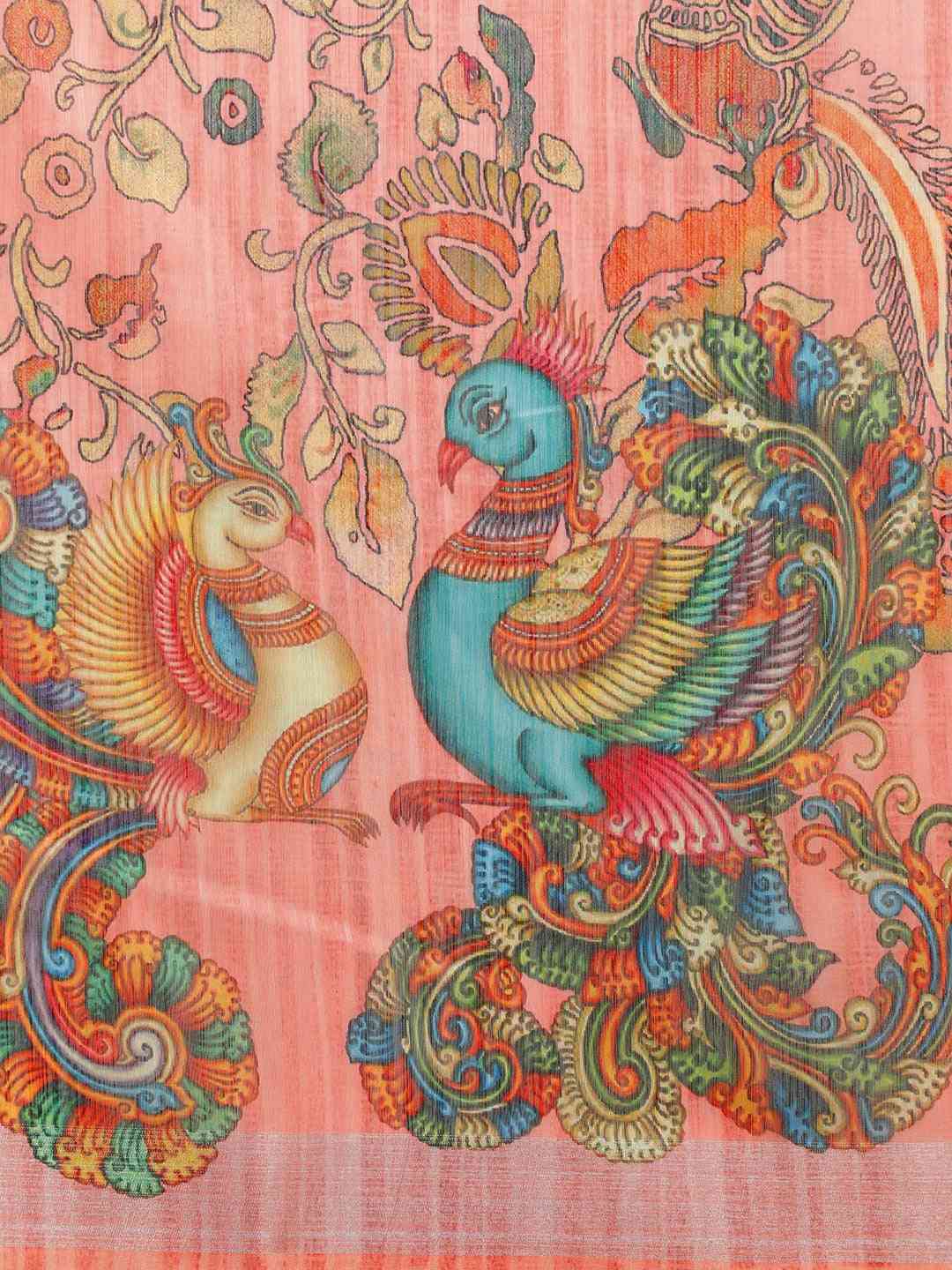 Pink Colour Kalamkari Linen Print Saree With Resham Tassel