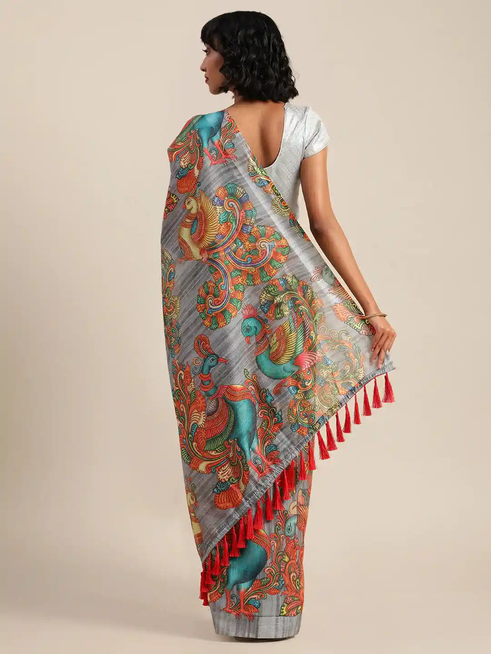 Grey Colour Kalamkari Linen Print Saree With Resham Tassel