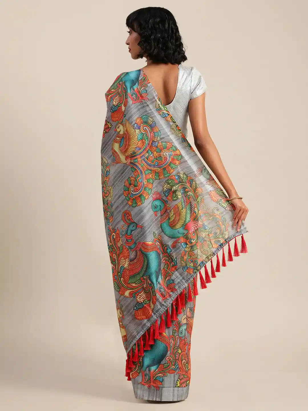 Grey Colour Kalamkari Linen Print Saree With Resham Tassel
