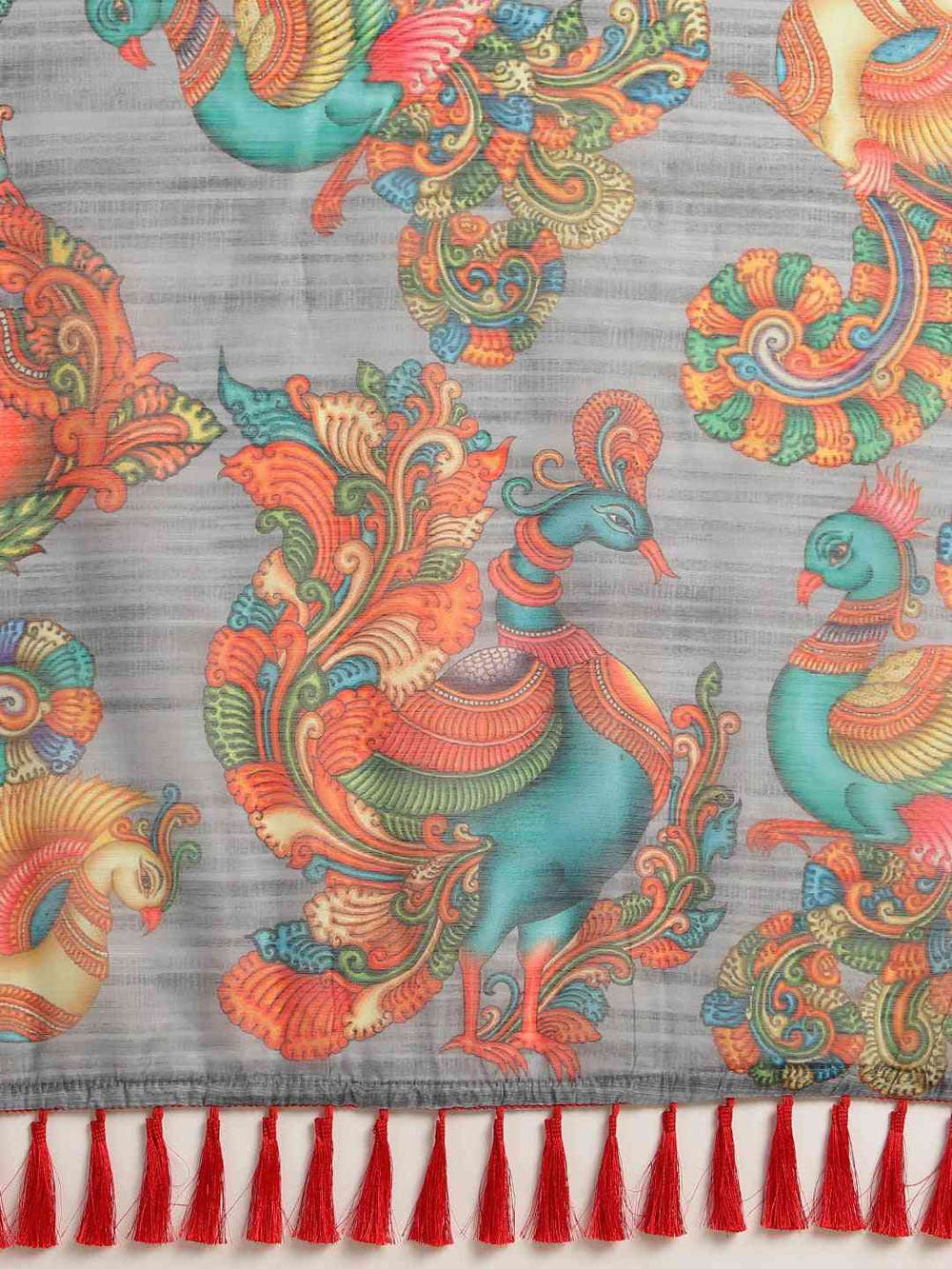 Grey Colour Kalamkari Linen Print Saree With Resham Tassel