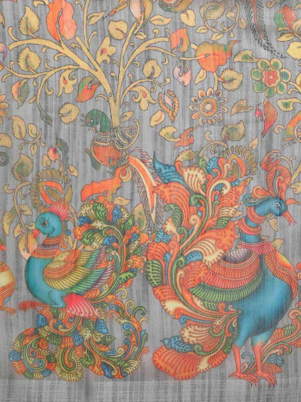 Grey Colour Kalamkari Linen Print Saree With Resham Tassel