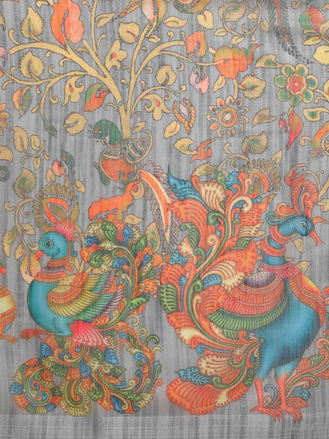 Grey Colour Kalamkari Linen Print Saree With Resham Tassel