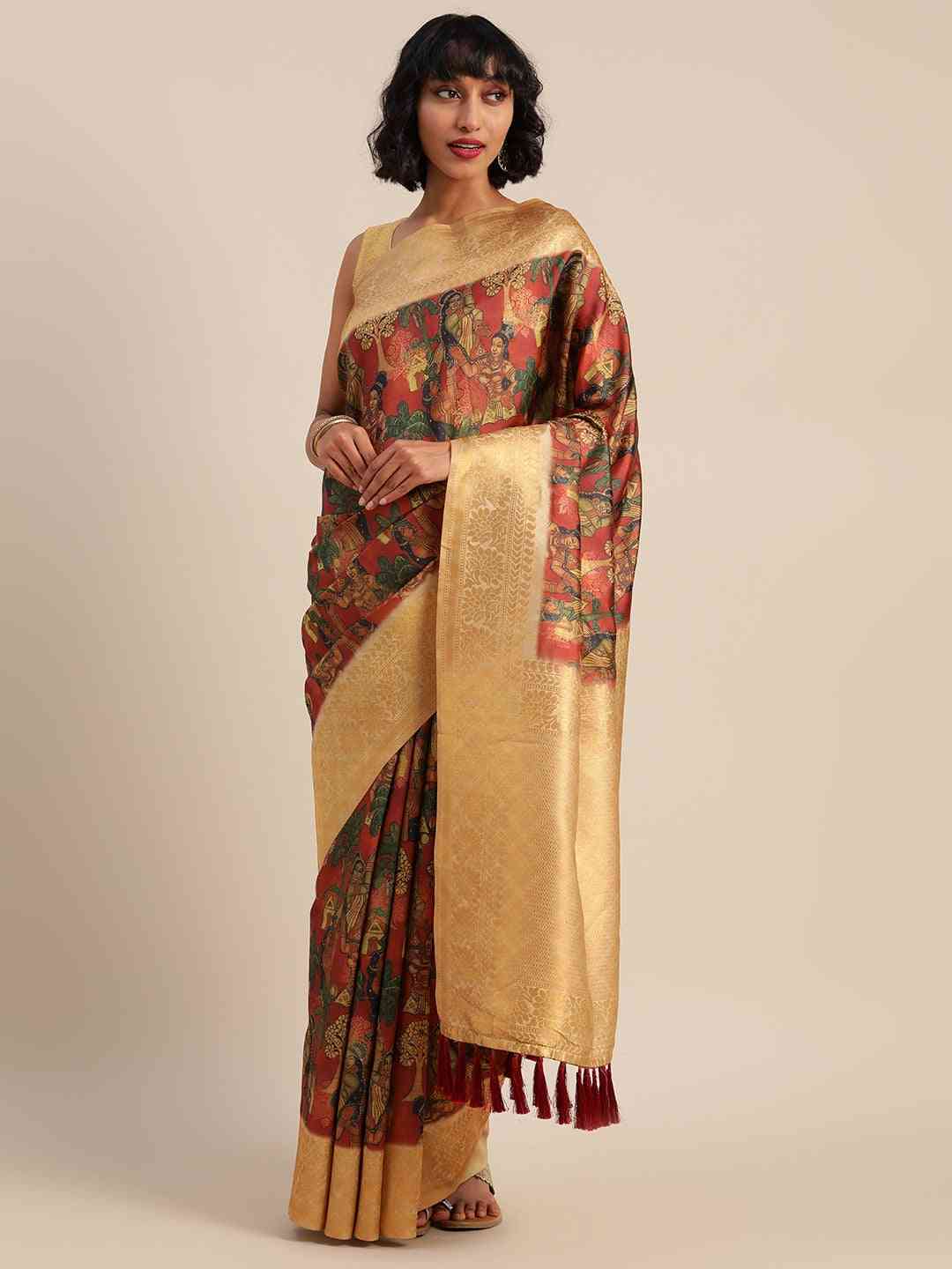 Kalamkari Printed Red Colour Festive Saree With Zari Border