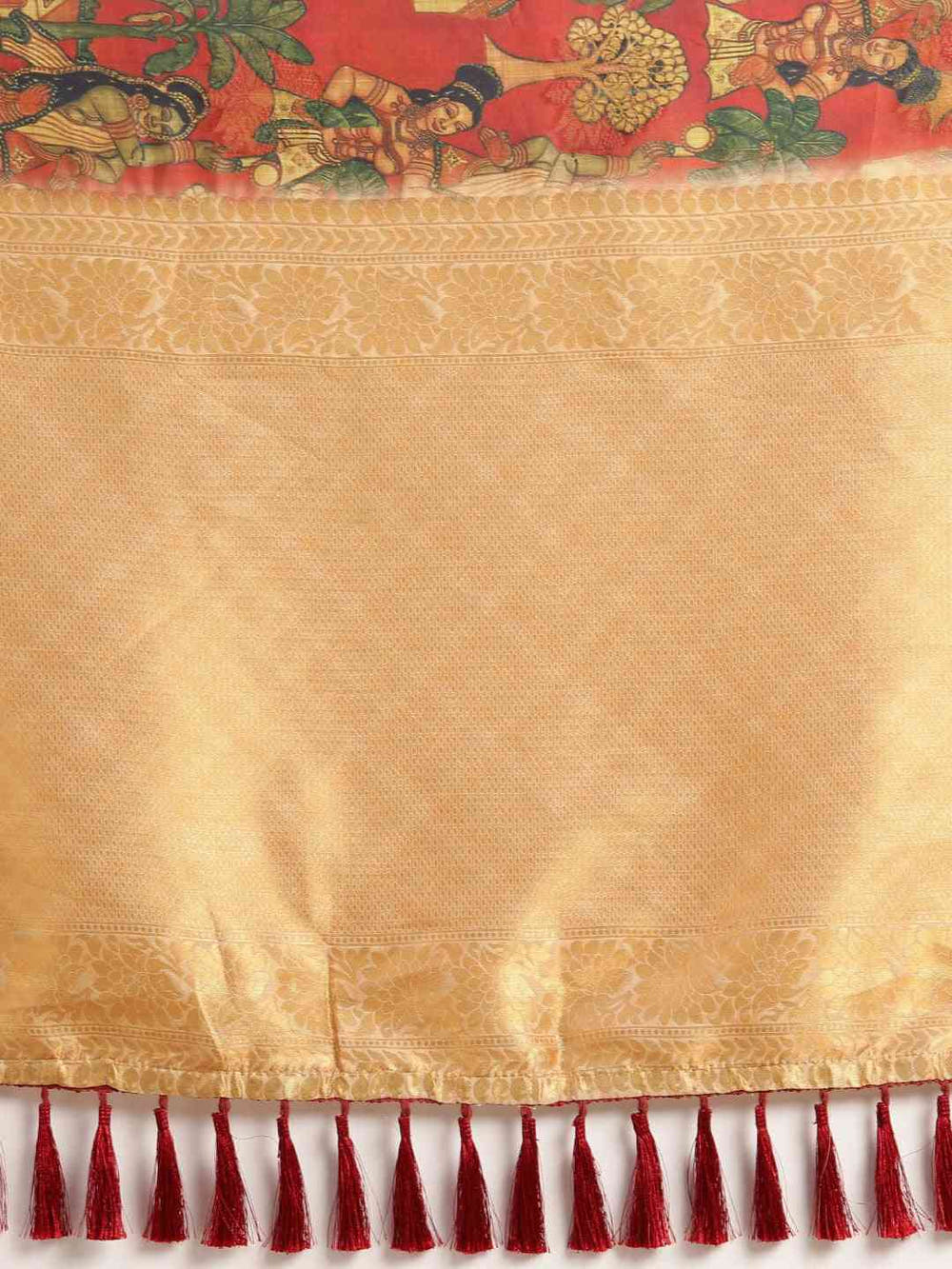 Kalamkari Printed Red Colour Festive Saree With Zari Border