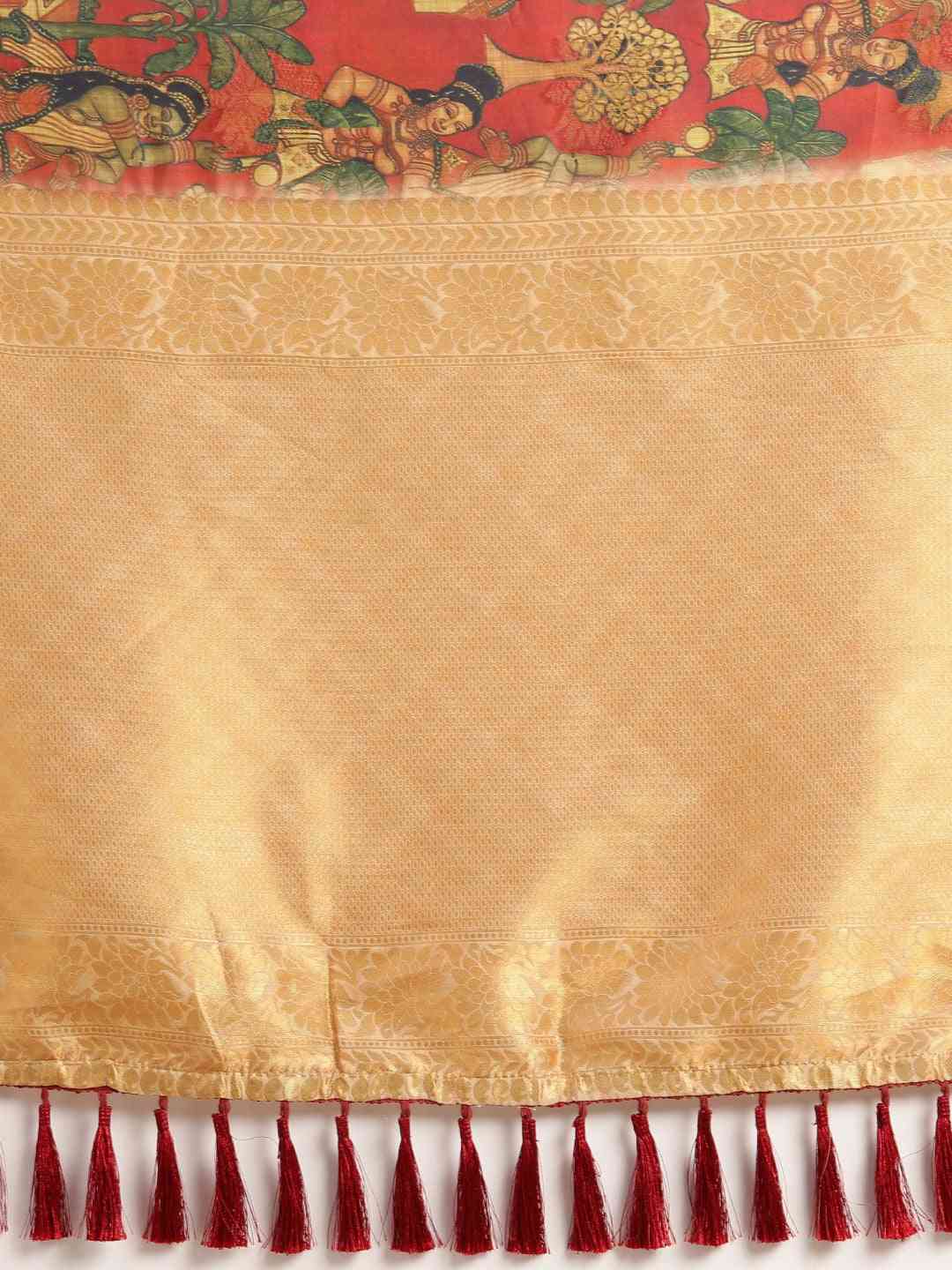 Kalamkari Printed Red Colour Festive Saree With Zari Border