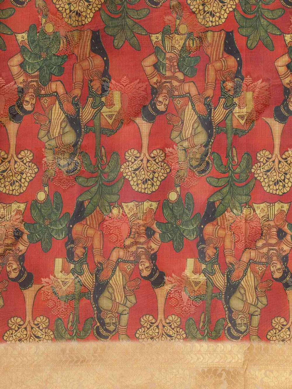 Kalamkari Printed Red Colour Festive Saree With Zari Border