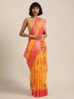 Kalamkari Printed Orange Colour Festive Saree With Zari Border