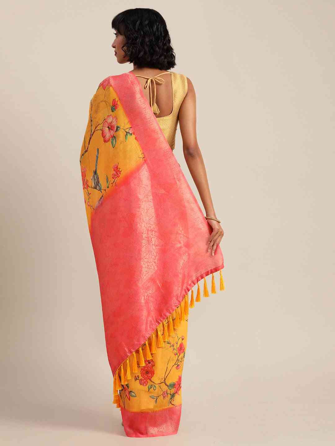 Kalamkari Printed Orange Colour Festive Saree With Zari Border