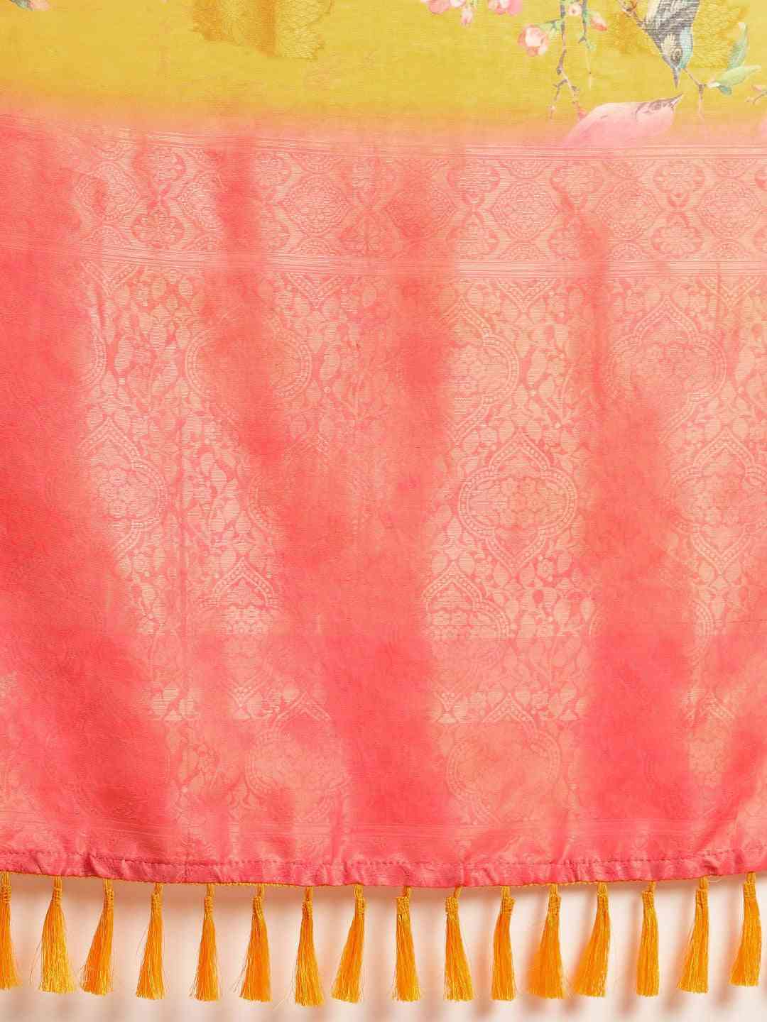 Kalamkari Printed Orange Colour Festive Saree With Zari Border
