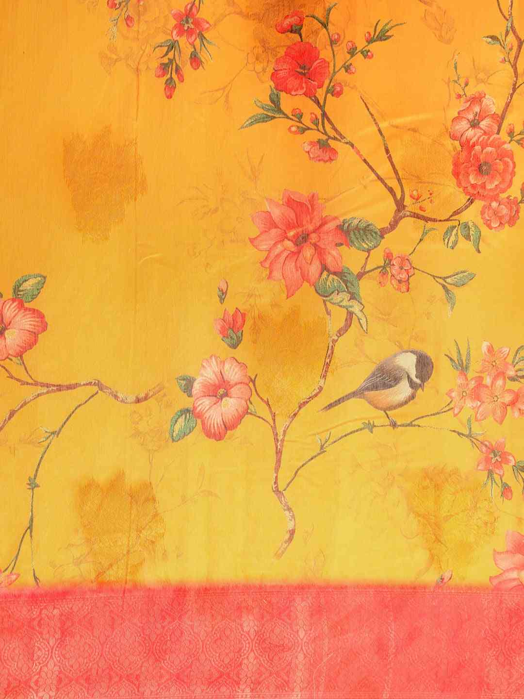 Kalamkari Printed Orange Colour Festive Saree With Zari Border