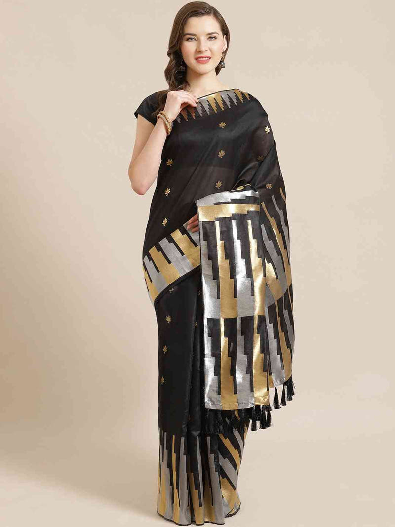 Stylish Black Colour Ethnic Motifs And Zari Silk Banarasi Saree