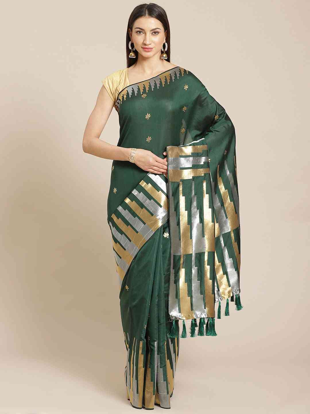 Stylish Dark Green Colour Ethnic Motifs And Zari Silk Banarasi Saree