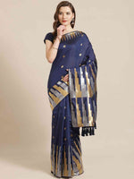 Stylish Navy Colour Ethnic Motifs And Zari Silk Banarasi Saree