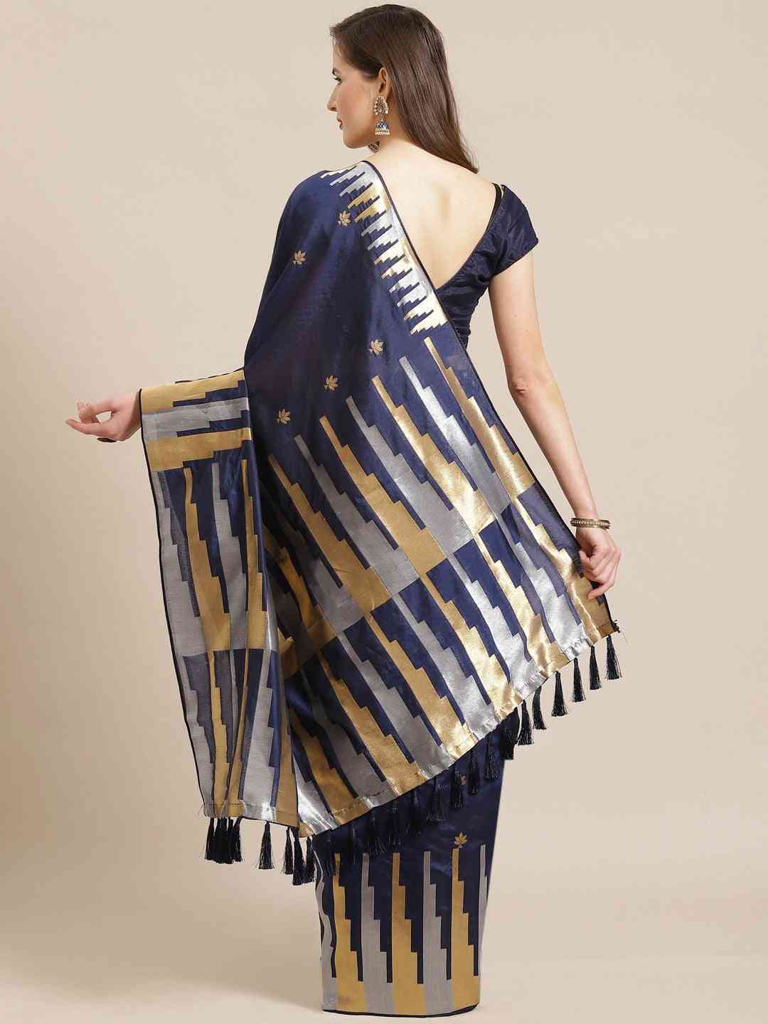 Stylish Navy Colour Ethnic Motifs And Zari Silk Banarasi Saree