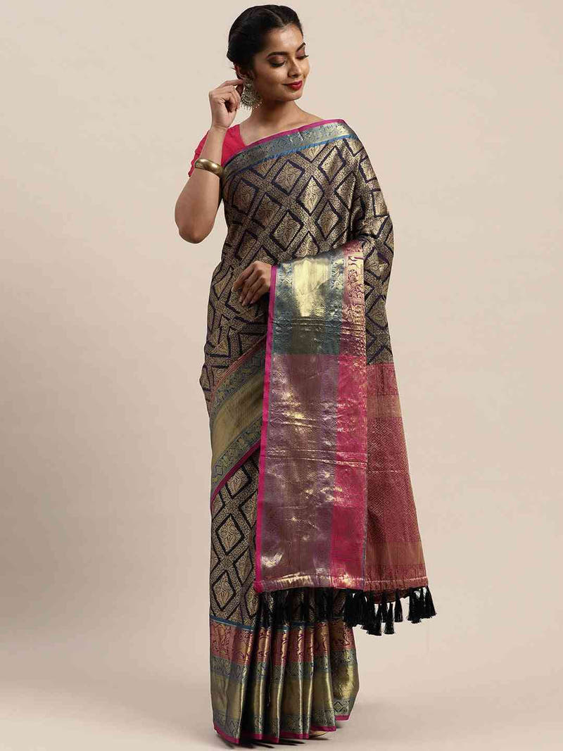 Banarasi Silk Cotton Navy Colour Woven Design Saree