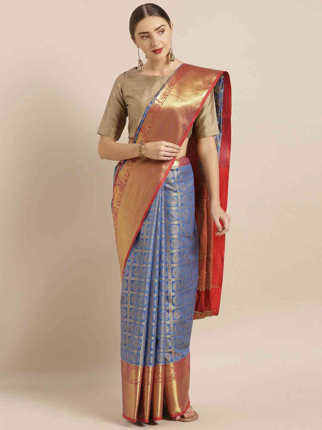 Geometric Print Royal Blue Colour Kanjivaram Silk Saree