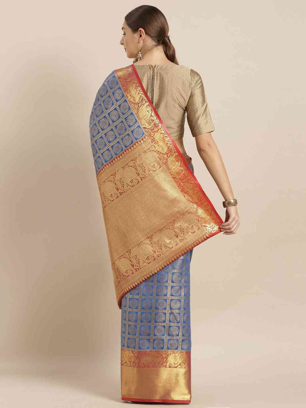 Geometric Print Royal Blue Colour Kanjivaram Silk Saree