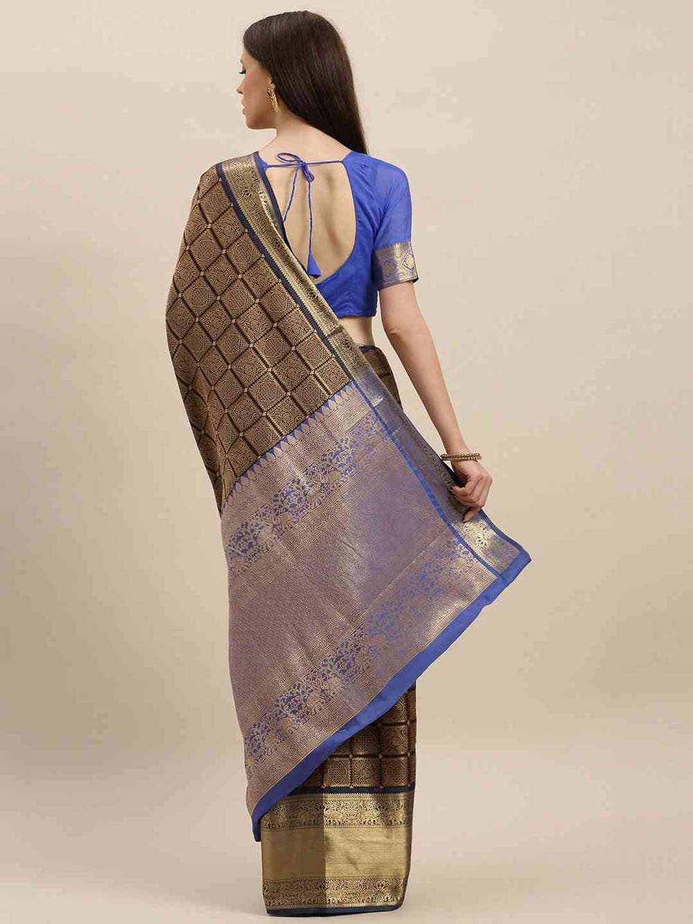Kanjivaram Silk Saree Royal Blue Colour With  Checked Print