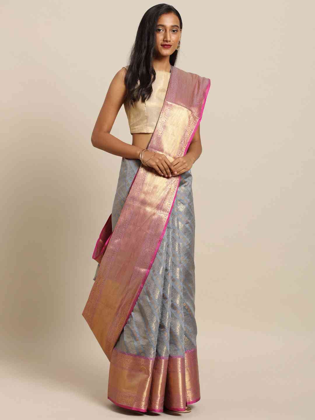 Pure Kanjivaram Grey Colour Zari Silk Saree
