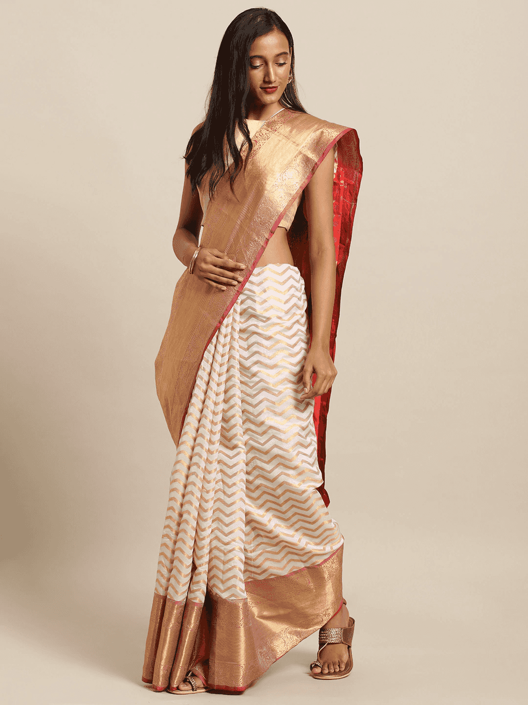 Pure Kanjivaram Silk White Colour Geometric Print Saree