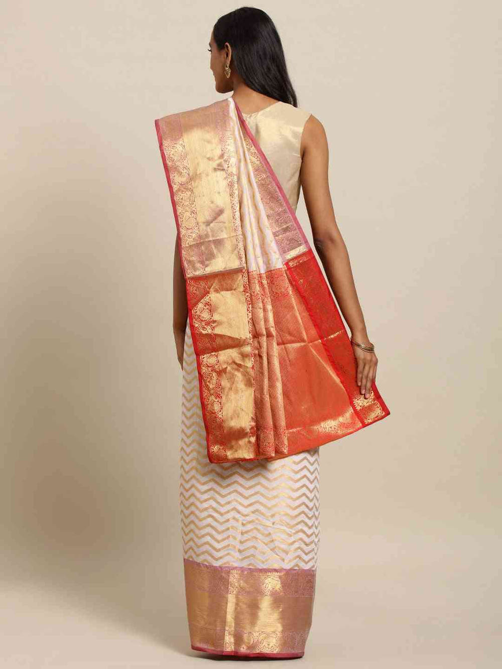 Pure Kanjivaram Silk White Colour Geometric Print Saree