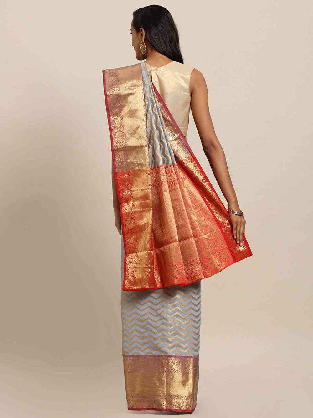 Pure Kanjivaram Silk Grey Colour Geometric Print Saree