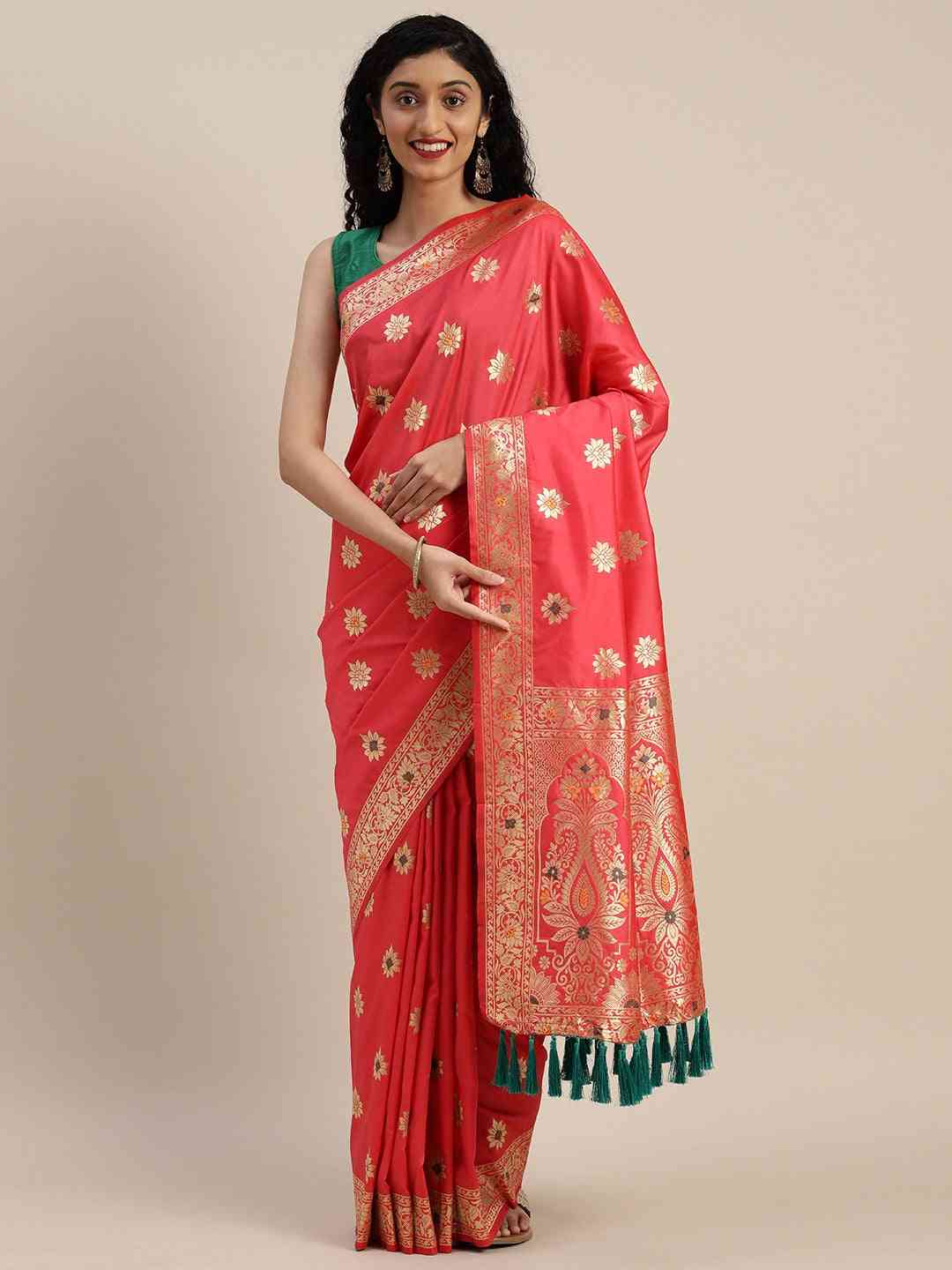 Pure Kanjivaram Silk Gajari Colour Woven Design Saree