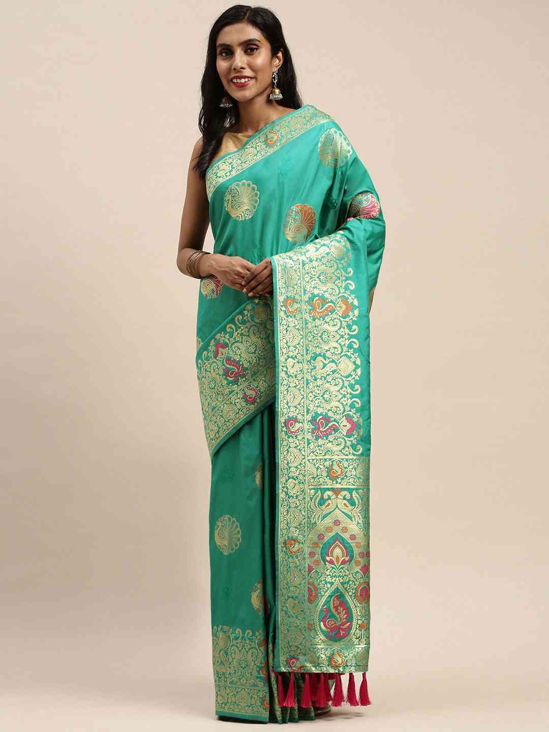Kanjivaram Silk Turquoise Colour  Woven Design Saree
