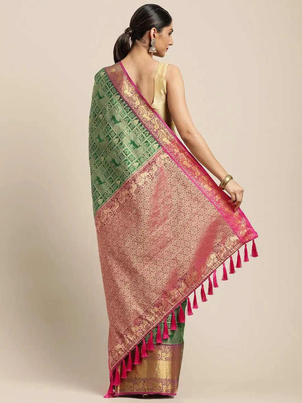 Banarasi Kanchi Ethnic Zari Motif Green Colour Festive Wear Saree
