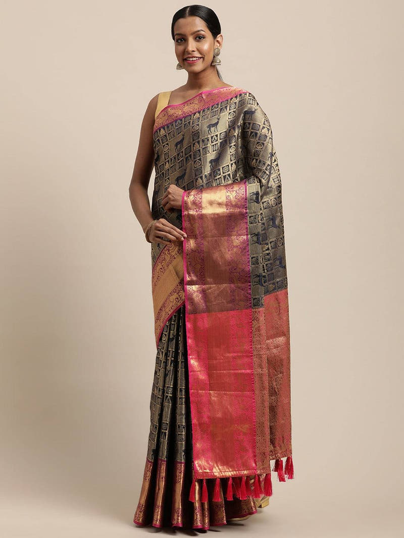 Banarasi Kanchi Ethnic Zari Motif Navy Blue Colour Festive Wear Saree