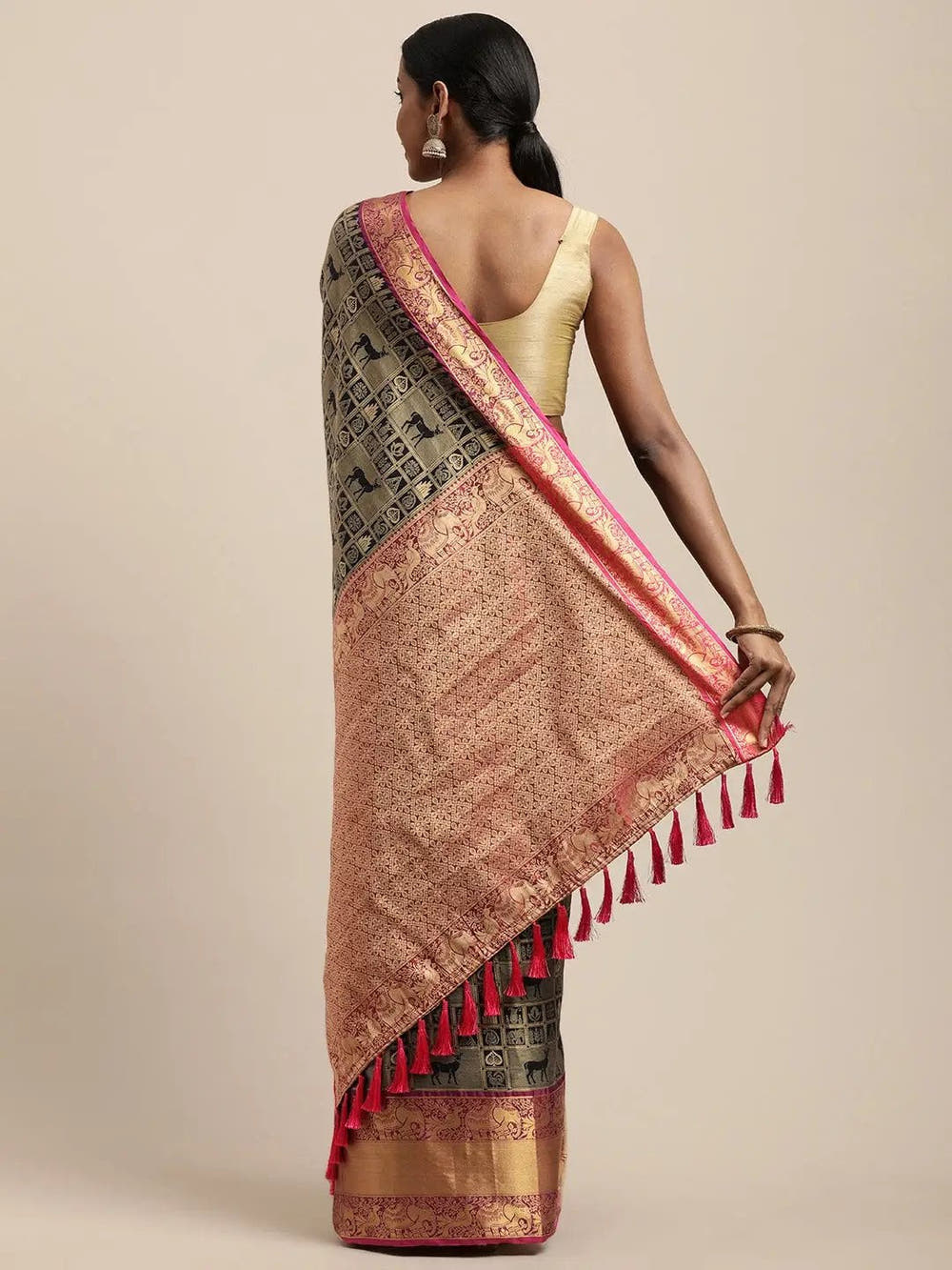 Banarasi Kanchi Ethnic Zari Motif Navy Blue Colour Festive Wear Saree