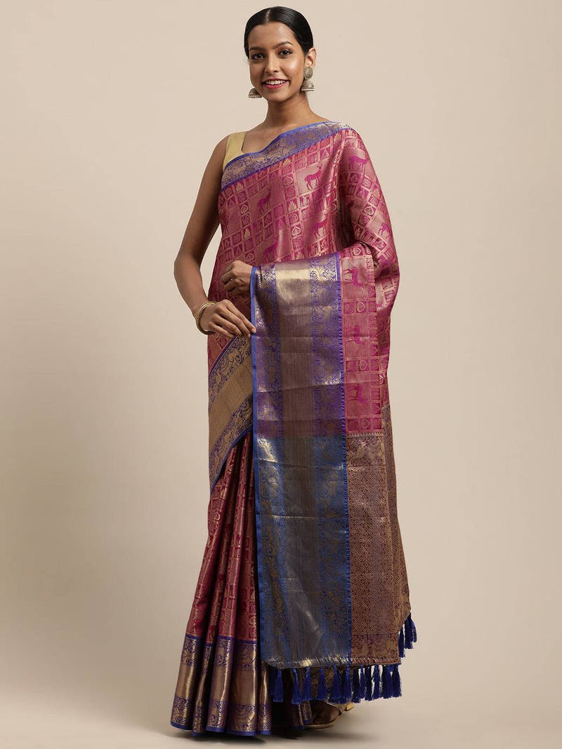 Banarasi Kanchi Ethnic Zari Motif Wine Colour Festive Wear Saree