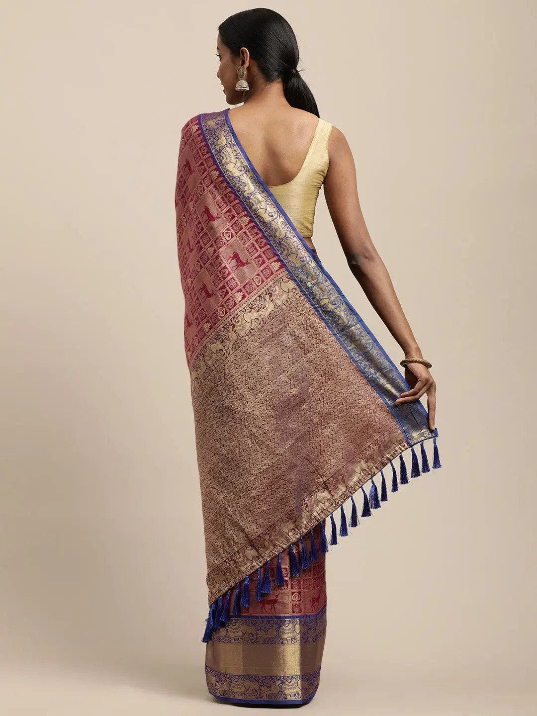 Banarasi Kanchi Ethnic Zari Motif Wine Colour Festive Wear Saree