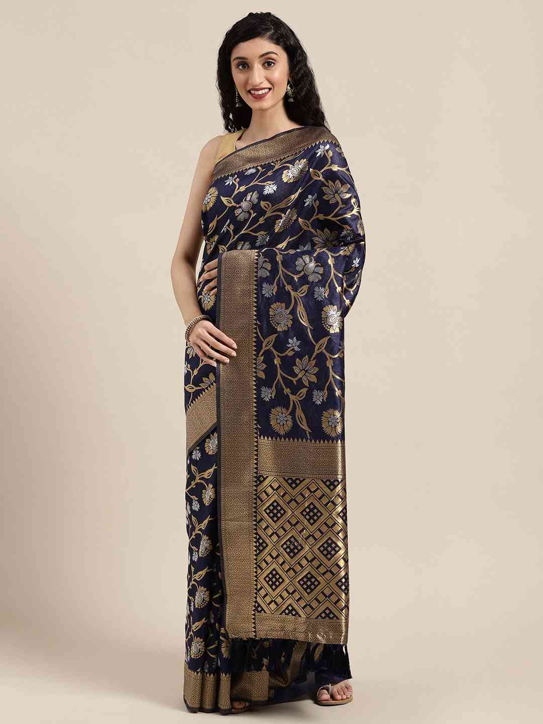 Banarasi Navy Colour Woven Design Saree With Zari Border