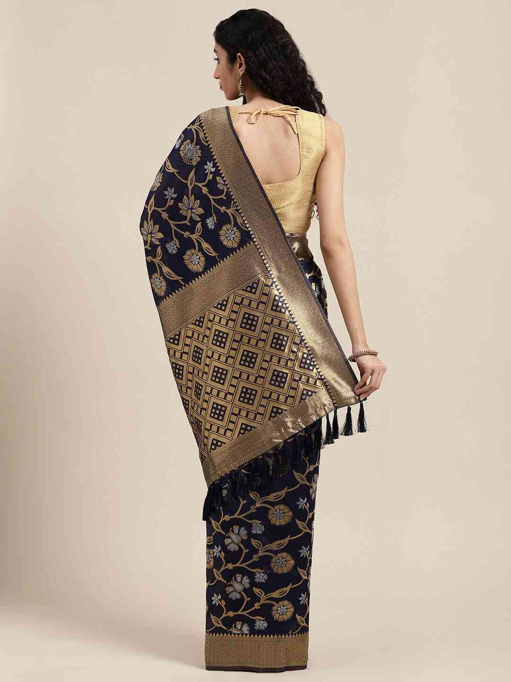Banarasi Navy Colour Woven Design Saree With Zari Border