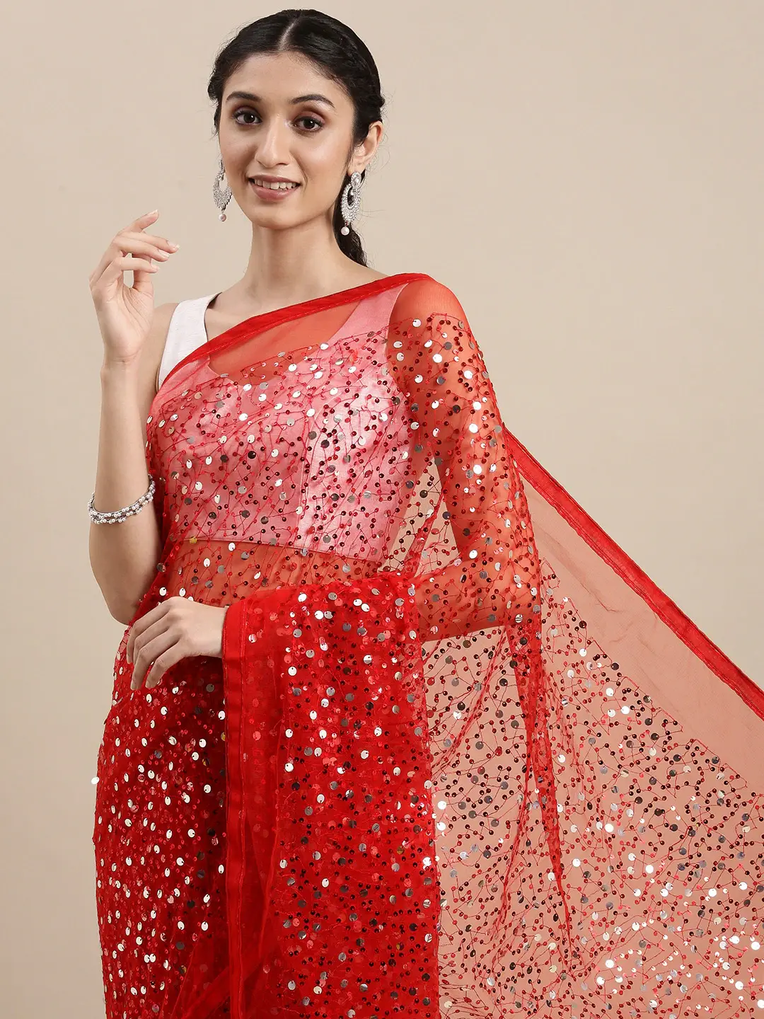 Red Colour Soft Poly Net Sequence Work Party Wear Saree