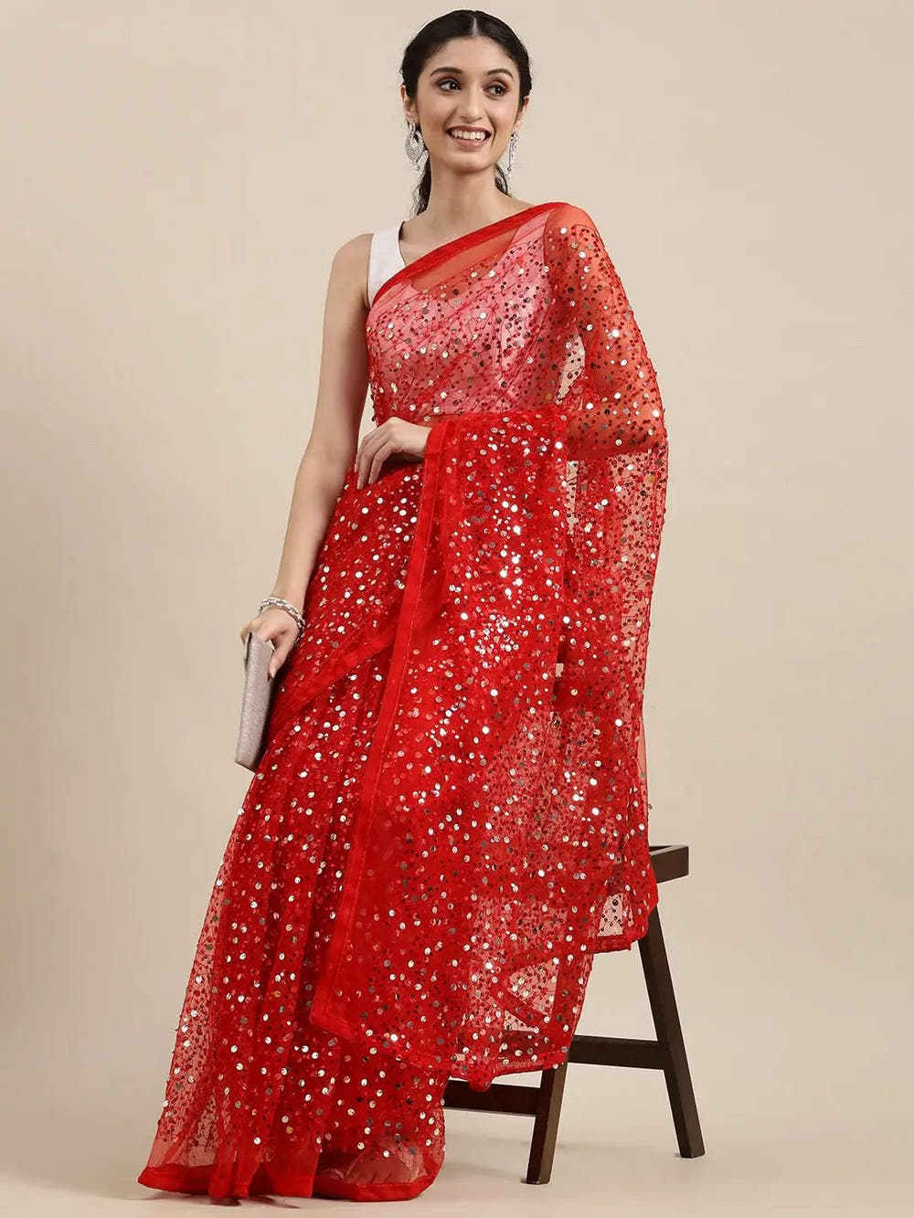 Red Colour Soft Poly Net Sequence Work Party Wear Saree