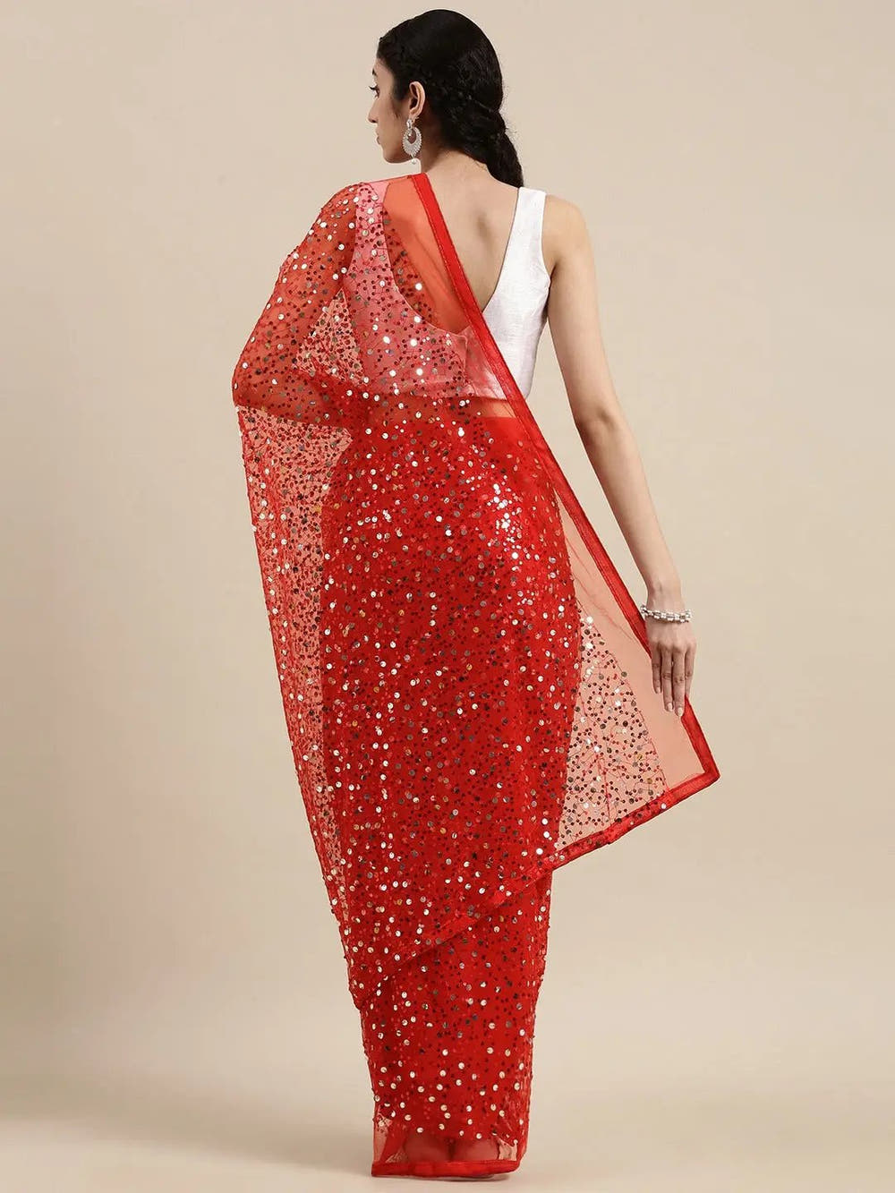 Red Colour Soft Poly Net Sequence Work Party Wear Saree