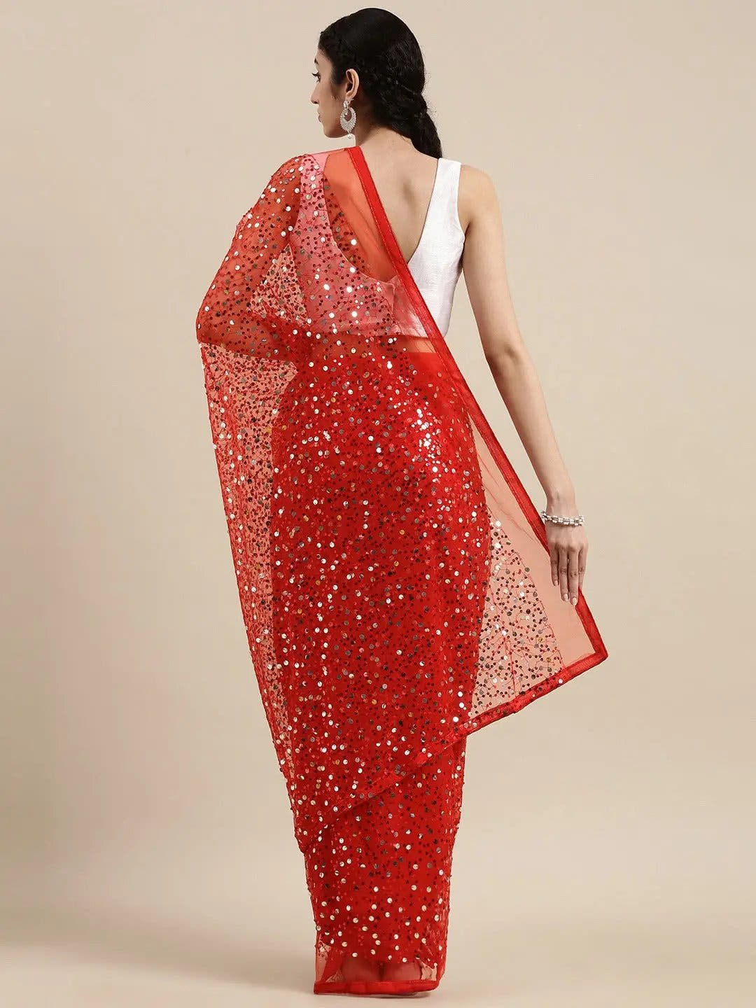 Red Colour Soft Poly Net Sequence Work Party Wear Saree
