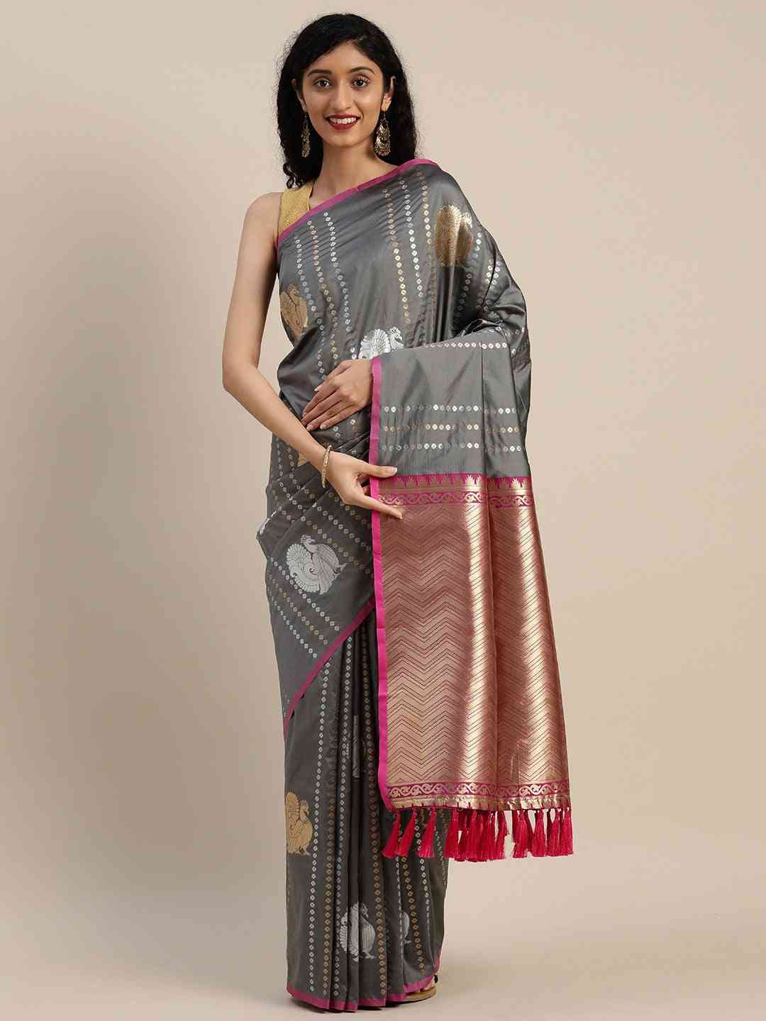 Trendy Banarasi  Grey Colour Silk Blend Woven Design Saree