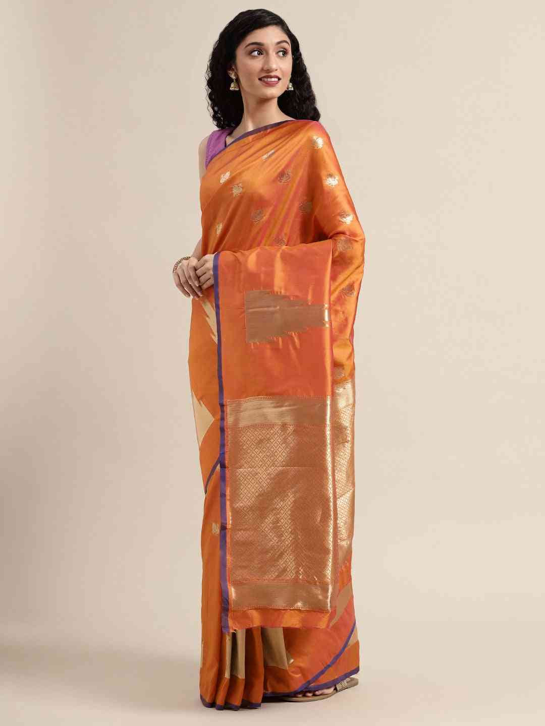 Beatiful Orange Silk Woven Design Banarasi Saree