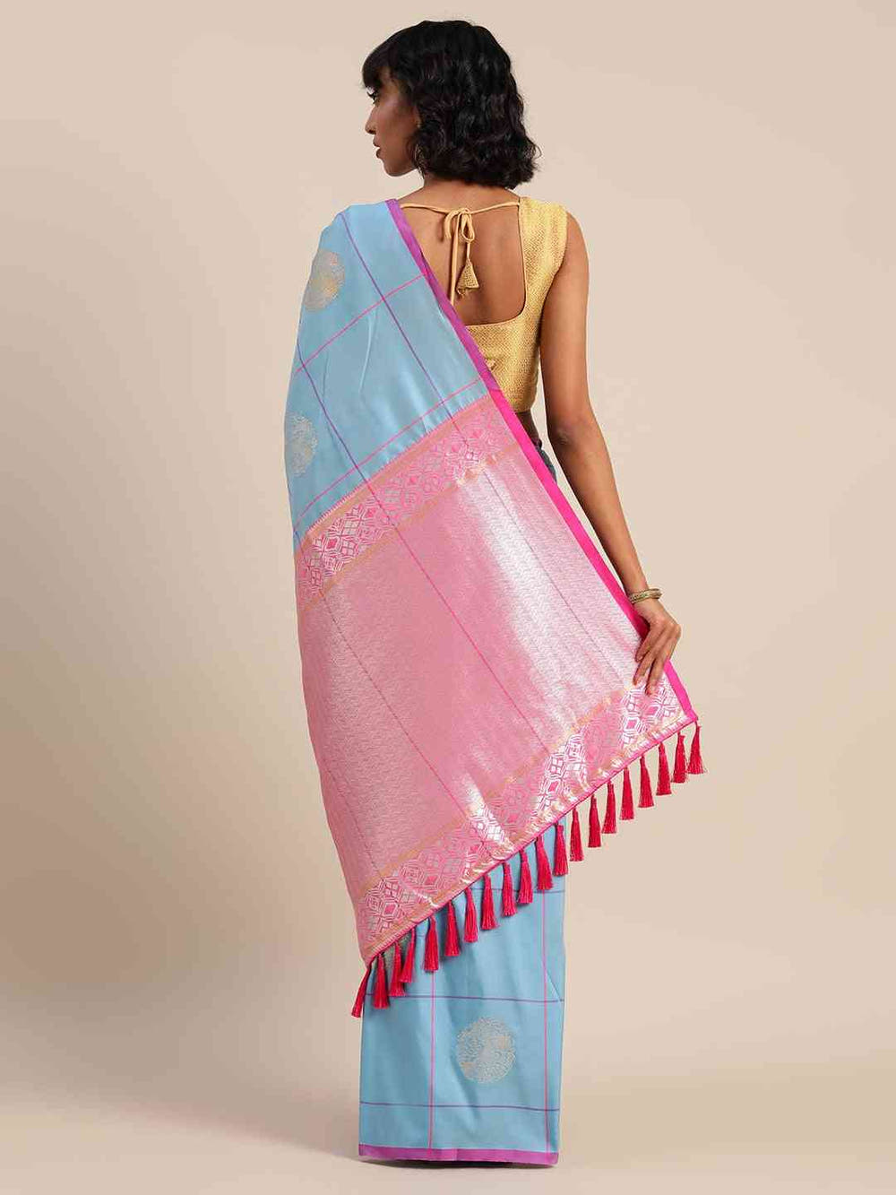 Digital Sky Blue Colour Silk Blend Checked Banarasi Saree