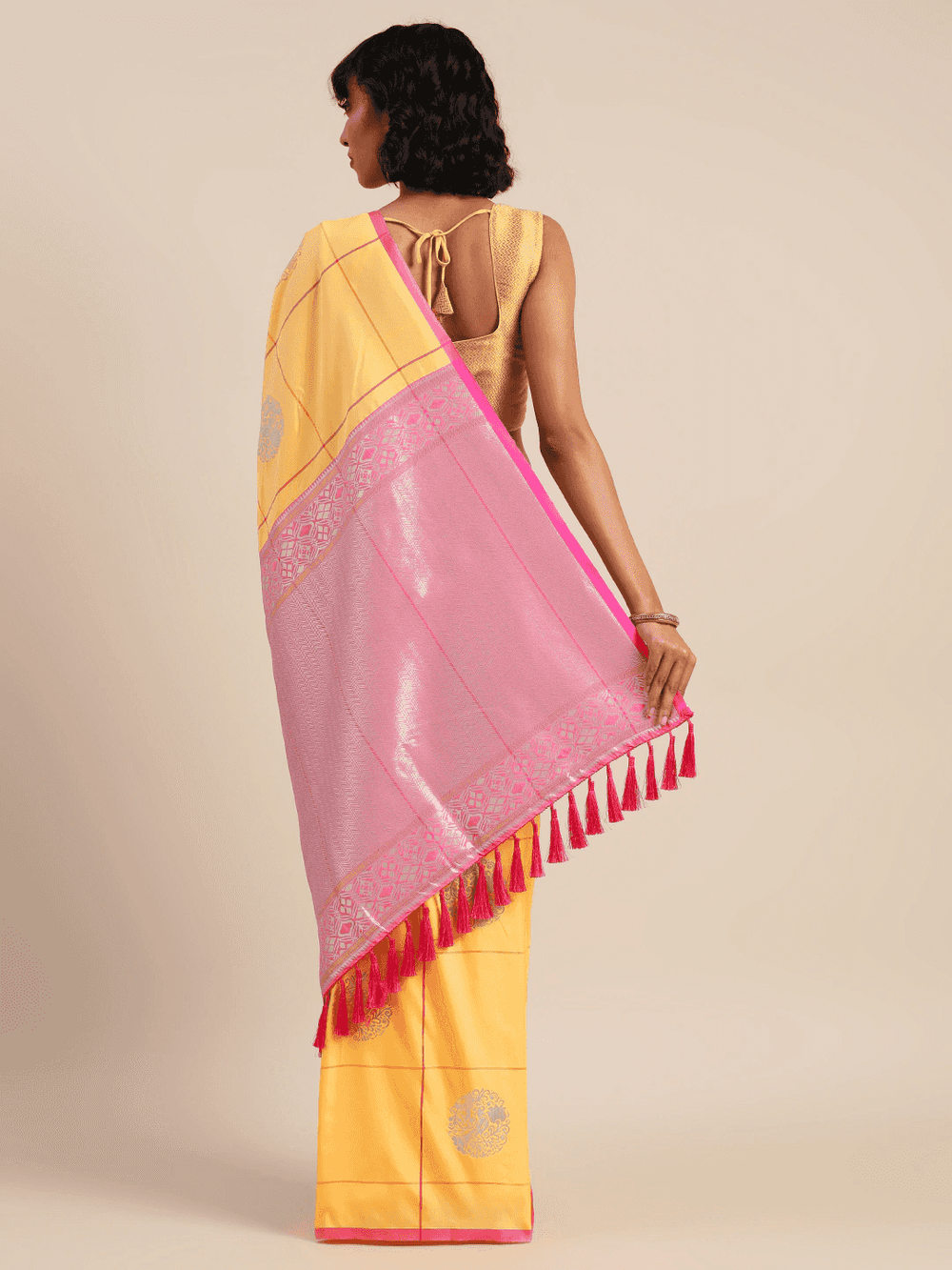 Digital Mustard Colour Silk Blend Checked Banarasi Saree