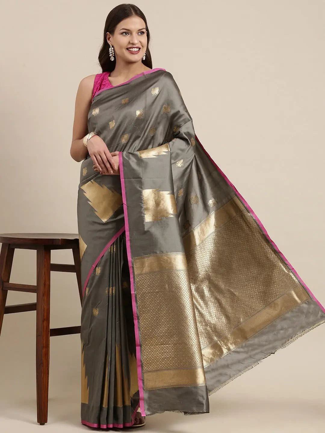 Grey Colour Banarasi Katan Silk Zari Weaving Saree