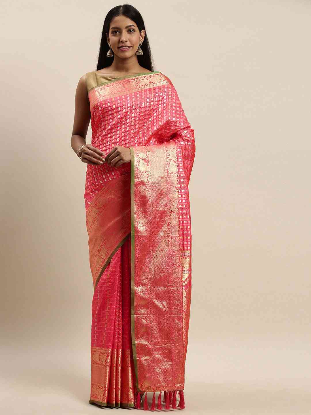 Attractive Banarasi  Gajari Colour Woven Design Saree